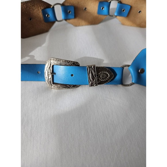 Vtg Blue Leather Octagon Concho Western Boho Hippie Silver Buckle Belt - Picture 4 of 11
